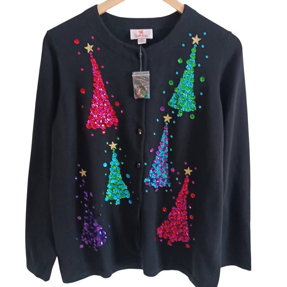 Quaker Factory NWOT Black Christmas Cardigan W/ Multi Color Sequins, Size Med.